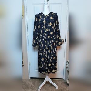 Vintage Leslie Faye Navy Floral Peplum Pleated Midi Dress Cottagecore Sz 8P